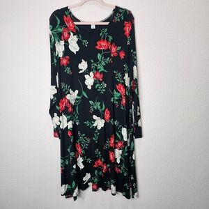 Old Navy‎ XXL Black Floral Long Sleeve Swing Dress Red White Flowers Holiday